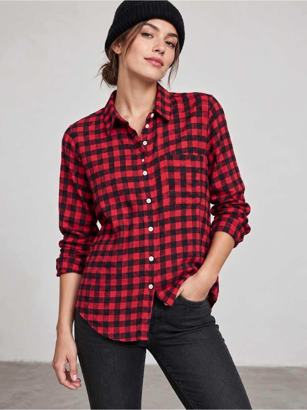 J.Crew Women’s Buffalo Plaid Shirt Red Black Size L 100% Cotton Button Down